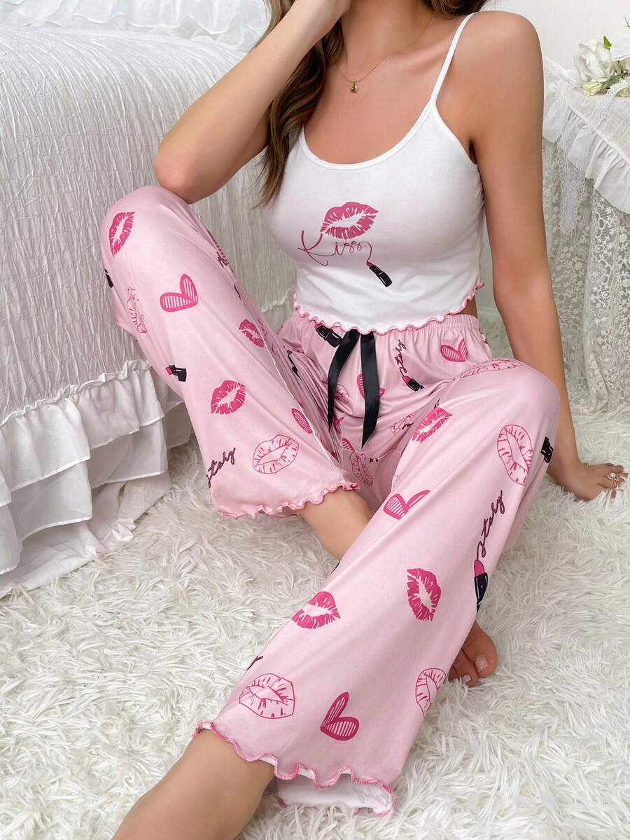 嘴唇印花木耳邊前蝴蝶結睡衣套裝 - 白色 - 查看 1