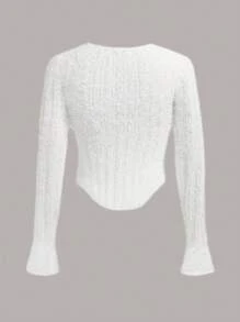 SHEIN EZwear Áo len dệt kim có viền cong mềm mịn - trắng - Xem 2