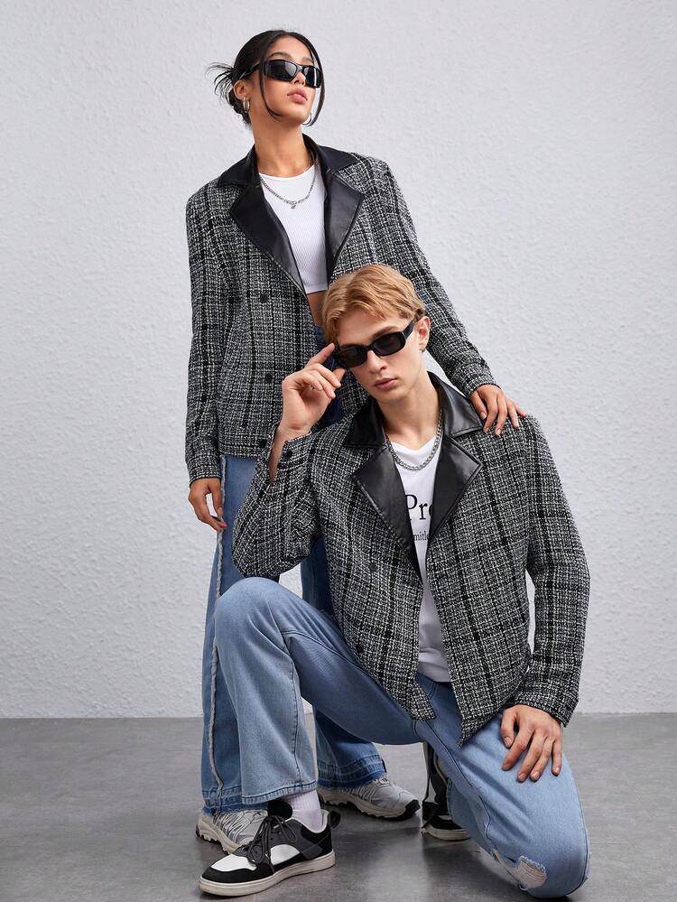 1pc Plaid Print Lapel Neck Overcoat, For Fall Winter