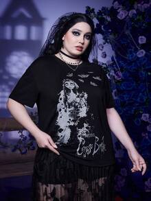 Corpse Bride | ROMWE Plus Áo thun trễ vai họa tiết hoạt hình - màu đen - Xem 6