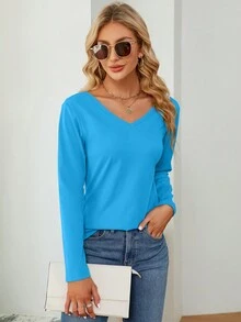 Camisetas de Mujer Liso Casual - Azul - Ver 4