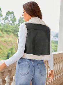 休閒仿皮草拼接 口袋撞色女士夾克 - 黑色 - 查看 2