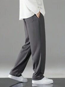 Men Drawstring Waist Straight Leg Trousers - Dark Grey - View 3