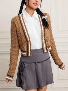 SHEIN EZwear Striped Trim Cable Knit Cardigan Without Blouse - Brown - View 5