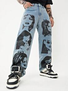 Manfinity LEGND 寬鬆男士人體印花直筒牛仔褲 - 藍色 - 查看 4