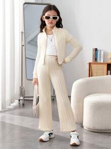 Tween Girls' Knitted Solid Color Jacquard Stand Collar Cardigan & Knitted Jumpsuit Set With Flare Pants - Apricot - View 1