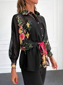 RueChic Floral Print Tie Front Batwing Sleeve Shirt - Black - View 3