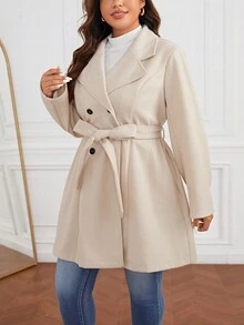 SHEIN Privé Hơn Cổ áo Đôi ngực Thắt lưng Áo khoác - Màu be - Xem 4