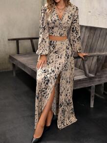 SHEIN Frenchy 通體印花燈籠袖短款上衣和開衩大腿裙 - 杏色 - 查看 6