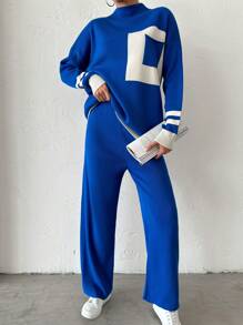 EURMUSE Pull À Blocs De Couleurs À Col Montant Épaule tombante & Pantalon En Tricot - Bleu azur - Voir 6