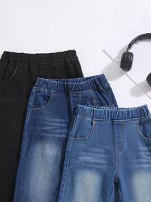 Young Boys 3 Packs Elastic Waist Slant Pocket Solid Jeans, School, Campus, College Summer Holiday - Multicolor - View 5