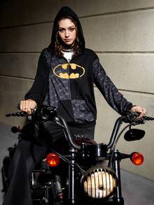 Batman X ROMWE 卡通圖案拉鏈開襟抽繩連帽衫 - 黑色 - 查看 4