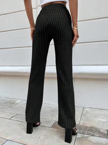 EURMUSE Striped Print Straight Leg Pants - Black and White - View 2