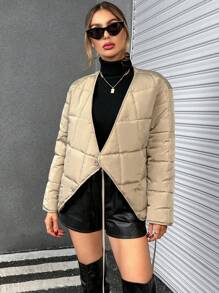 SHEIN Essnce Solid Asymmetrical Hem Padded Coat - Green - View 1