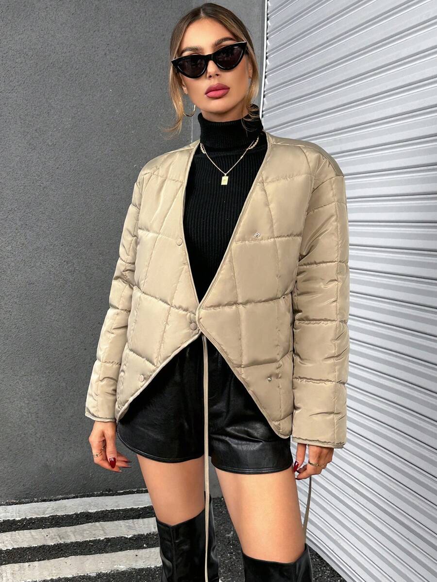 SHEIN Essnce Solid Asymmetrical Hem Padded Coat - Green - View 1