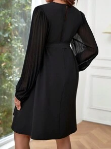 SHEIN 孕婦裝撞色網眼燈籠袖束腰帶洋裝 - 黑色 - 查看 2