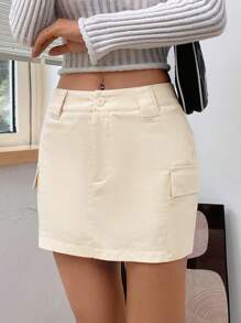 SHEIN EZwear Flap Pocket Side Cargo Skirt - Khaki - View 1