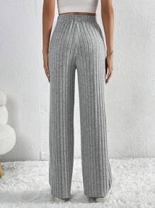SHEIN Tall Dây thắt lưng Đồ đan Ribbed Nút phía trước Quần ống rộng - Xám - Xem 2