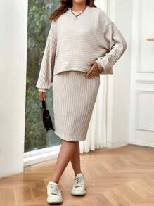 SHEIN Maternity Solid Drop Shoulder Tee & Skirt - Apricot - View 3