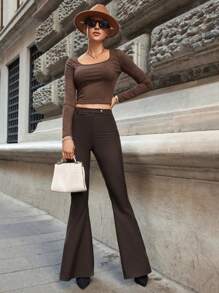 EURMUSE Quần công sở cạp cao ống loe màu trơn thanh lịch dành cho nữ - màu nâu - Xem 3