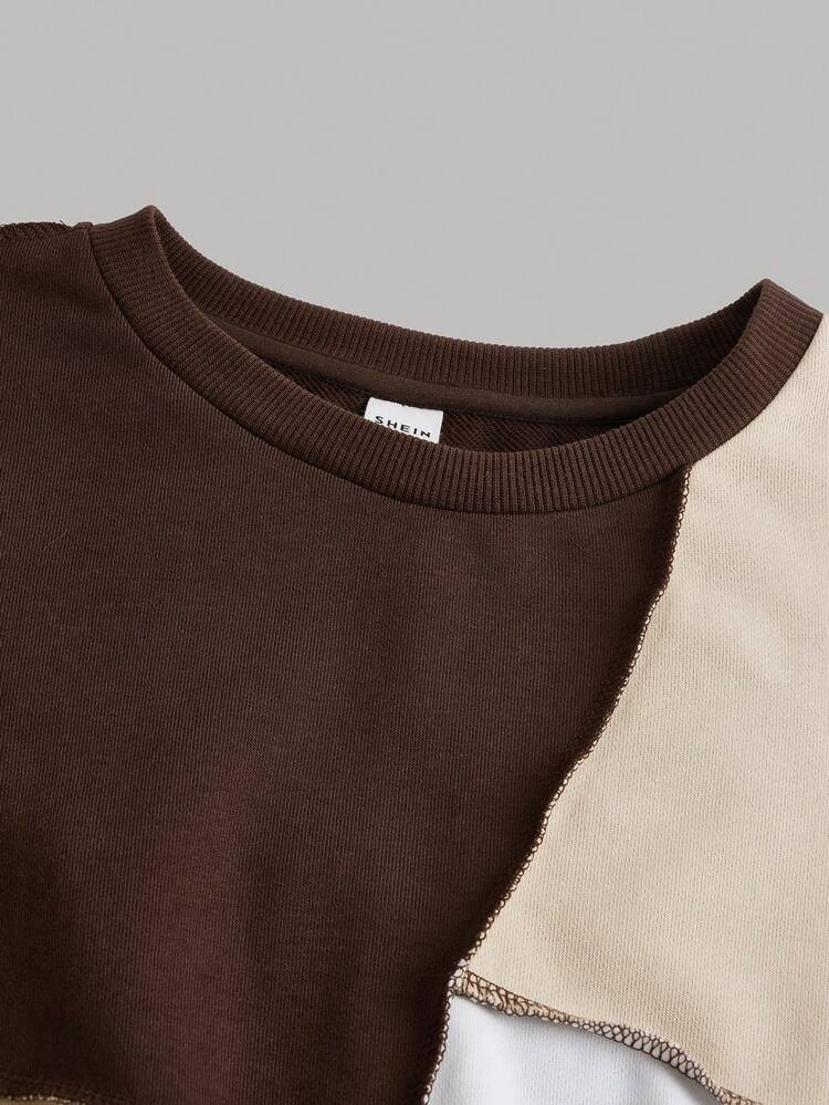 Teen Girl Colorblock Top-stitching Drop Shoulder Pullover