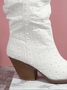 SHUZIA Pointy Toe Beaded Slip On Slouchy Boots - Beige - View 5