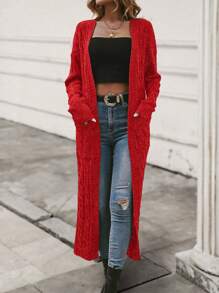 SHEIN LUNE Dual Pocket Cable Knit Cardigan For New Year Clothes - Red - View 4