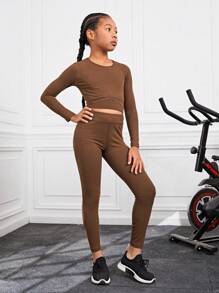 SHEIN Tween Girl Solid Crop Sports Tee & Leggings - Multicolor - View 10
