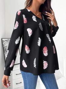 SHEIN Maternity Feather Print V Neck Blouse - Black - View 5