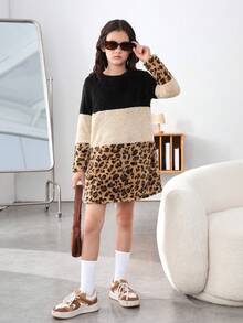 Tween Cô Gái Dệt Kim Màu Sắc Tương Phản Cổ Tròn Rời Đơn Giản Sang Trọng Nối Da Báo Sang Trọng Đầm - màu nâu - Xem 4