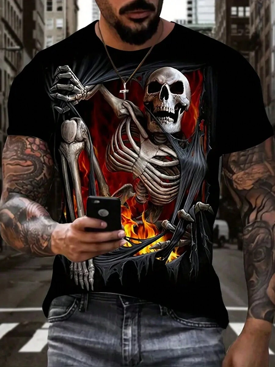 男士加大骷髅印花运动衫，万圣节适用 - 黃色 - 查看 1