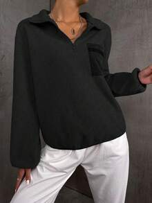 SHEIN Unity Women's Casual Everyday Commute Simple Solid Color Dropped Shoulder Loose Half-Zip Front Hoodie - Black - View 5