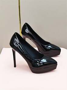 女式高跟鞋，黑色通勤風格漆皮防水台高跟鞋，時尚晚會鞋 - 黑色 - 查看 6