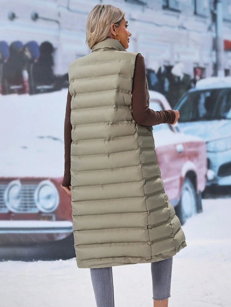 Sleeveless Plain Long Winter Coat, Casual Daily Wear