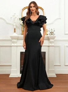 SHEIN Belle 荷葉邊魚尾裙下擺正式洋裝 - 黑色 - 查看 1