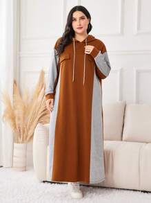 Mulvari Plus Colorblock Flap Detail Drawstring Hooded Sweatshirt Dress Graduation,Back To School Outfits,Graduation,Teacher Outfits For Women,Back To School Pullover Fall Outfit Winter Autumn - Multicolor - View 5