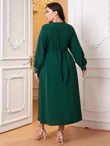 Al Najma 大碼珍珠串珠燈籠袖洋裝 - 綠色 - 查看 2