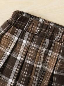 SHEIN Young Girl Plaid Print Contrast Collar Jacket & Pleated Skirt & Hat - Brown - View 6