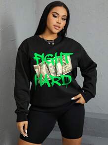 SHEIN EZwear Áo nỉ nữ cỡ lớn tối giản thông thường có in chữ, mùa thu/đông - màu đen - Xem 1