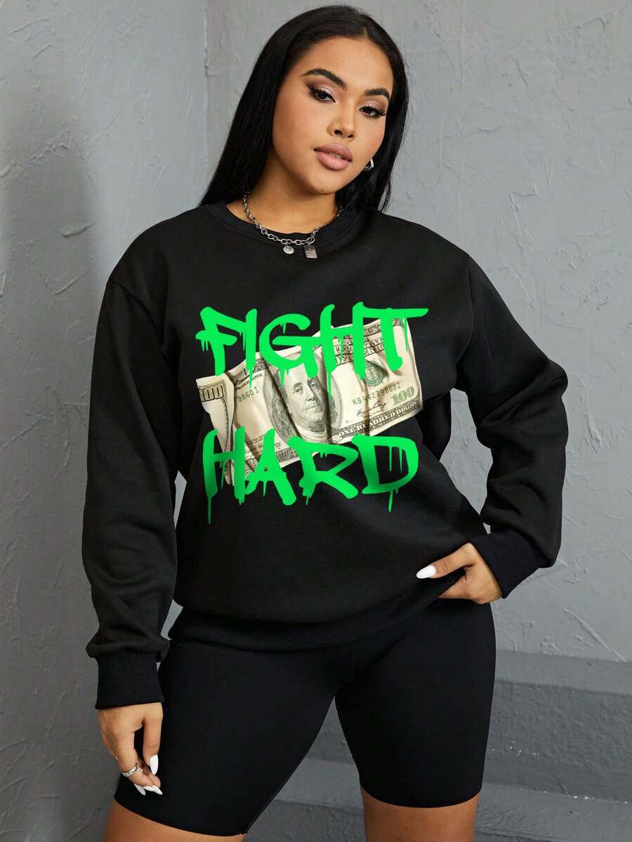 SHEIN EZwear Áo nỉ nữ cỡ lớn tối giản thông thường có in chữ, mùa thu/đông - màu đen - Xem 1