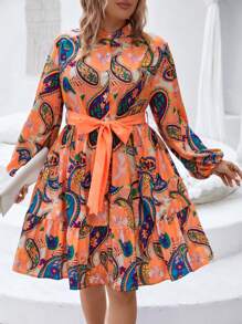 SHEIN Clasi Plus Paisley Print Lantern Sleeve Ruffle Hem Belted Dress Fall Cloth For Women - Orange - View 5