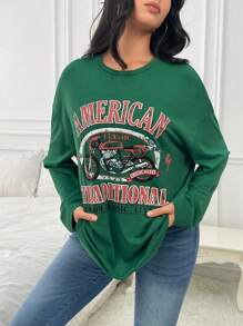 SHEIN EZwear Áo thun trễ vai hình xe máy & chữ cái - màu xanh lá - Xem 1