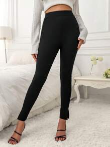 SHEIN Essnce 水鑽側邊開叉下擺緊身褲 - 黑色 - 查看 3