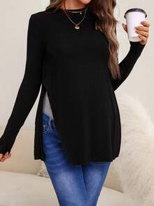 SHEIN 孕婦素色下擺開叉T恤 - 黑色 - 查看 5