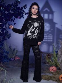 Corpse Bride | ROMWE 字母人像和蝴蝶樣式落肩袖套頭毛衣 - 黑色 - 查看 3