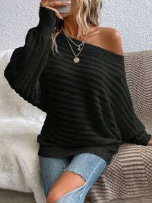EMERY ROSE Asymmetrical Neck Batwing Sleeve Sweater,Ladies Spring/Fall Casual Asymmetrical Long Sleeve Regular Fit Black Batwing Sleeve Pullovers Women Sweaters,Long Sleeve Tops,Off The Shoulder Sweater - Black - View 3