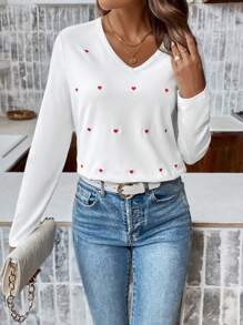 SHEIN Frenchy Áo thun cổ chữ V thêu hình trái tim - Đỏ và trắng - Xem 6