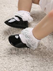 學院黑色瑪麗珍鞋適用於女孩嬰兒蝴蝶結裝飾貼布裝飾平底鞋
