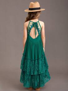 Tween Girl Christmas Party Dress With Flower Embellishments, Lace Detailing And Back Hollow Cut, Elegant Long Dress - Green - View 2