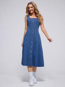 SHEIN EZwear Vestido vaquero con botones en la parte delantera - Azul lavado medio - Ver 5